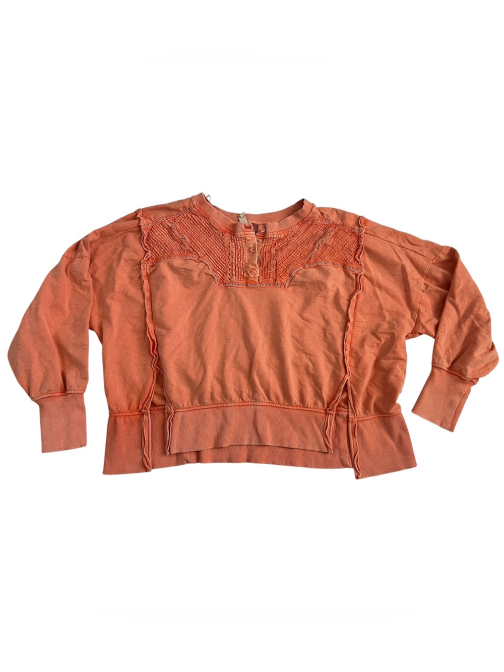 Pilcro Coral-Orange Ruffle & Smocked Pullover Sweatshirt